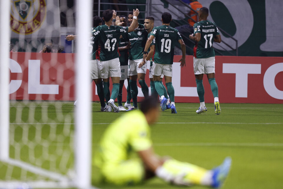 Jogadores do Palmeiras comemoram gol marcado sobre o Sporting Cristal
