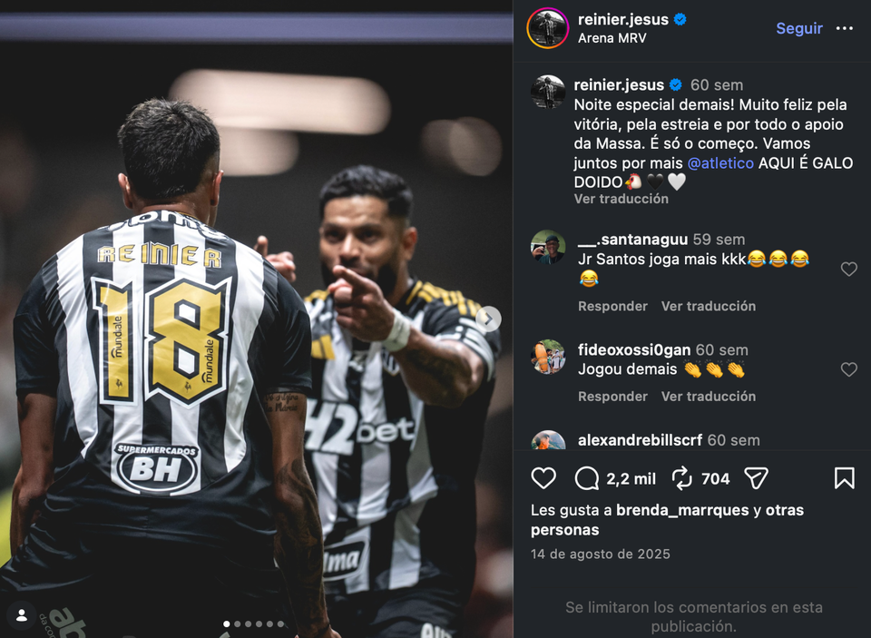 Posteo Reinier tras su debut con Atlético Mineiro en 2025