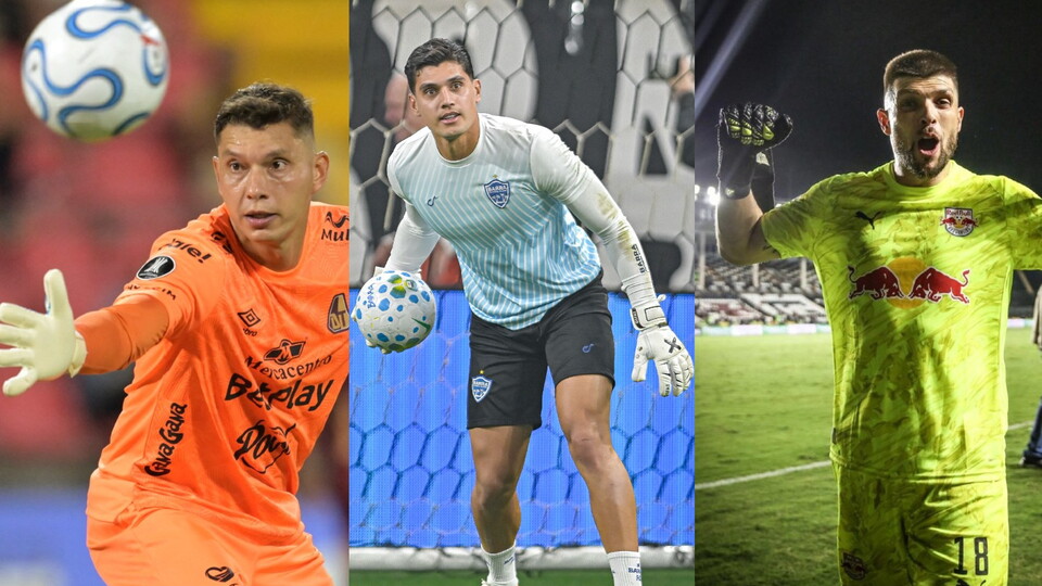 Neto Volpi (Tolima), Fabián Volpi (Barra) e Tiago Volpi (Red Bull Bragantino). Foto: Raul ARBOLEDA / AFP, Tiago Winter / Barra FC e Ari Ferreira/Red Bull Bragantino